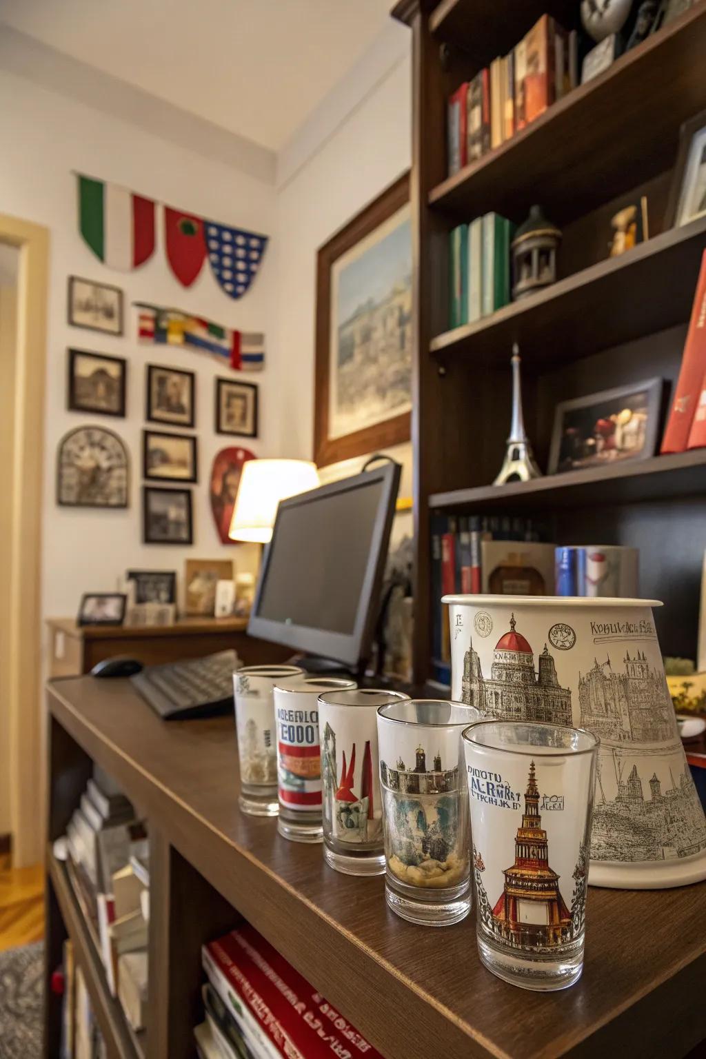 A personal study featuring a travel-themed shot glass display with souvenirs from around the world.