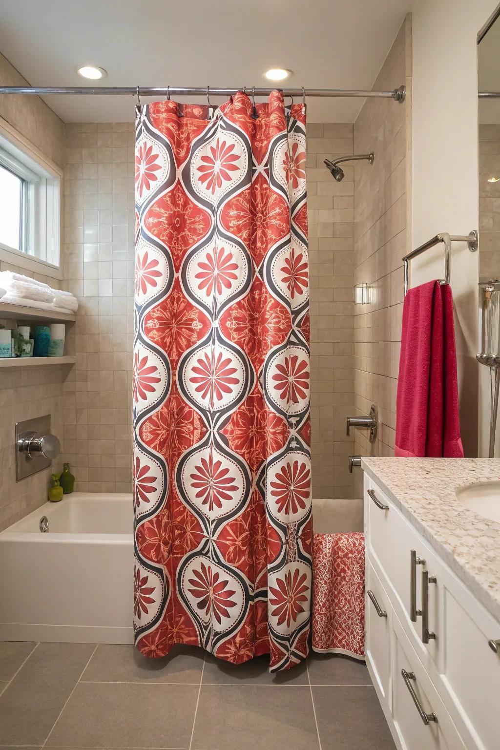 Expressive style using unique shower drapes.