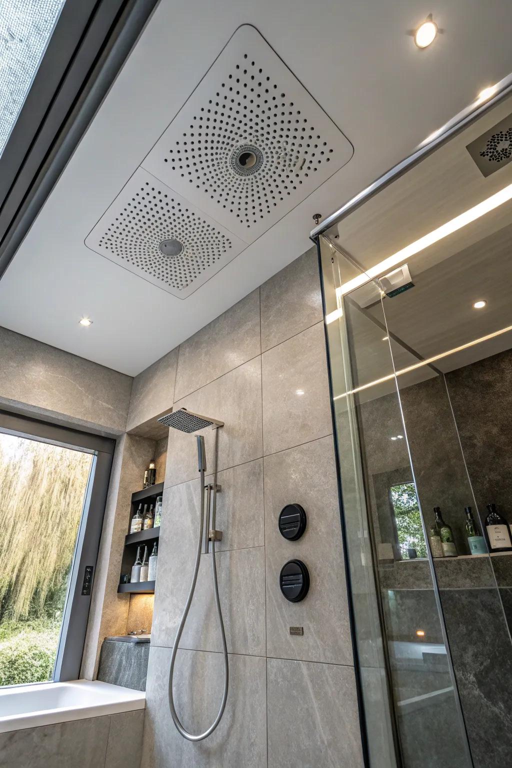 Overhead sound systems bring music to your shower experience.