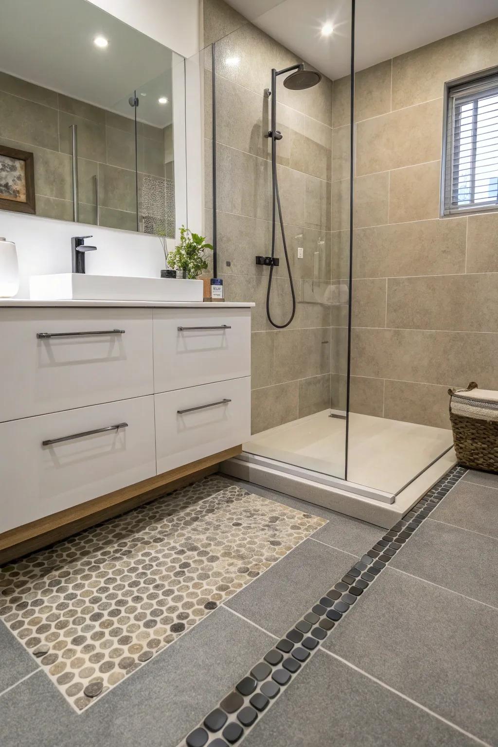 Flawless assimilation of the shower curb assures a unified and progression-enhanced composition.