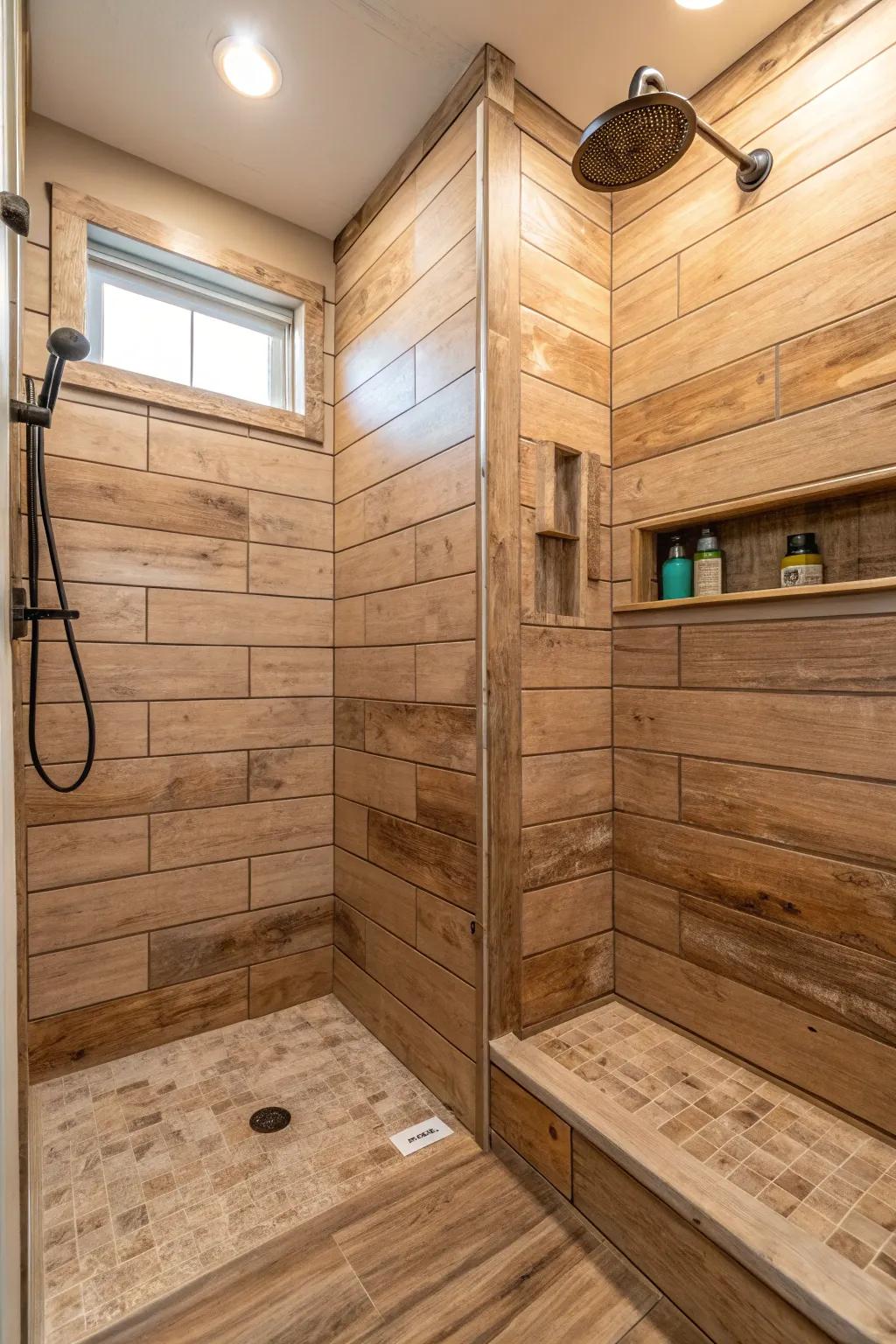 Enjoy the cozy touch of wood-look coverings in your shower.