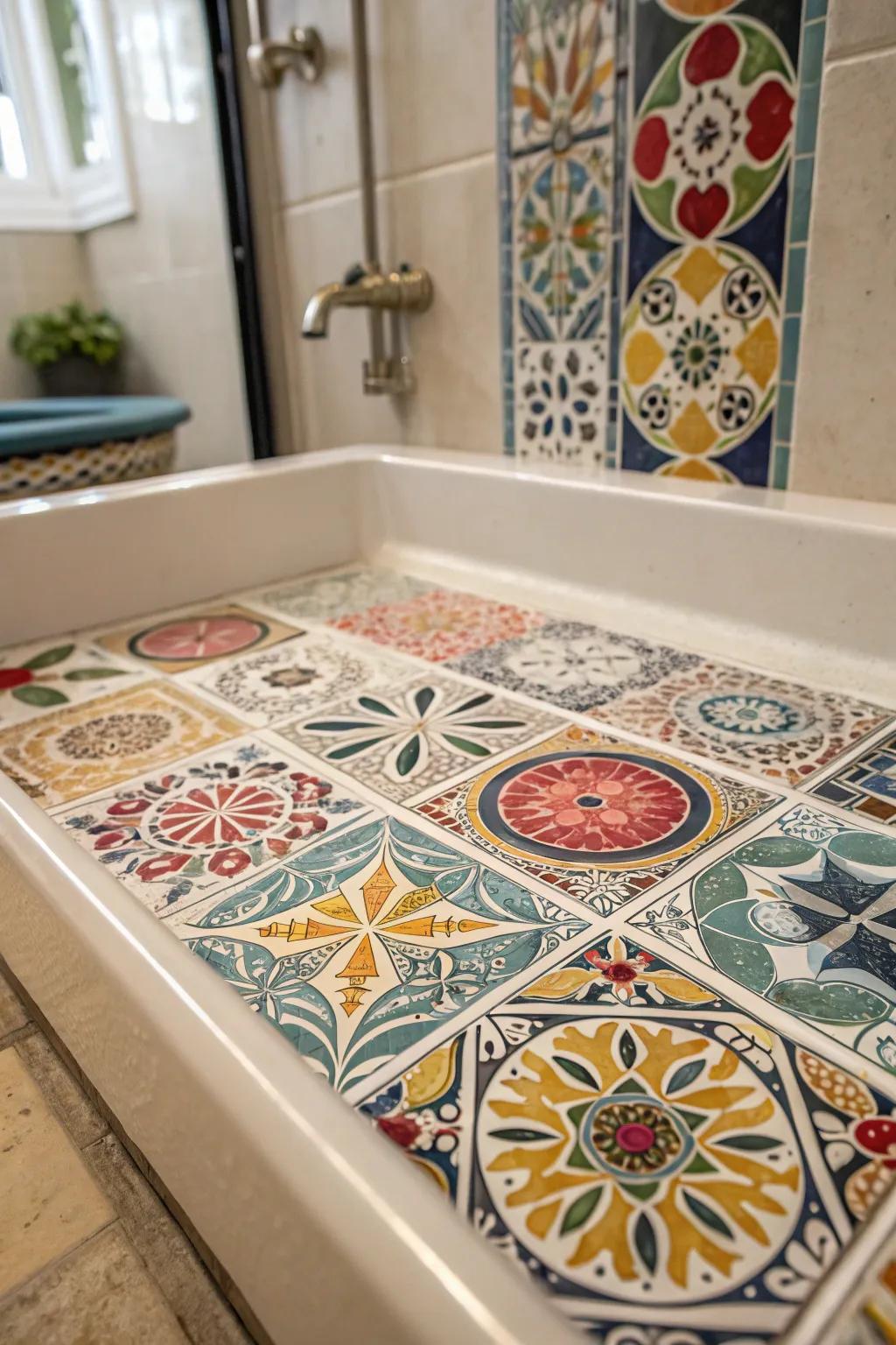 Intricate tile mosaics in various colors and shapes create a stunning feature on this shower pan.