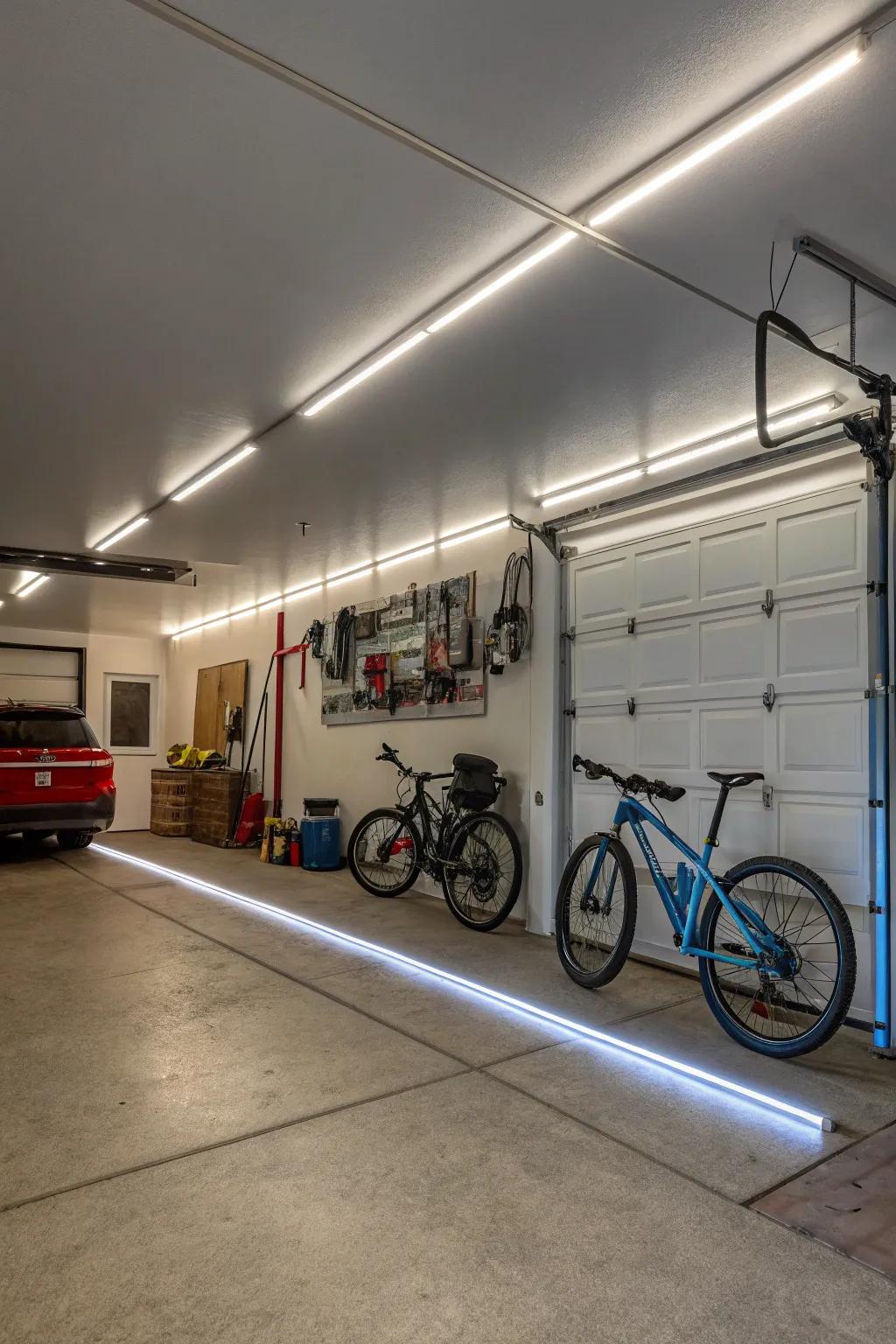 LED strips add a modern touch to the garage.