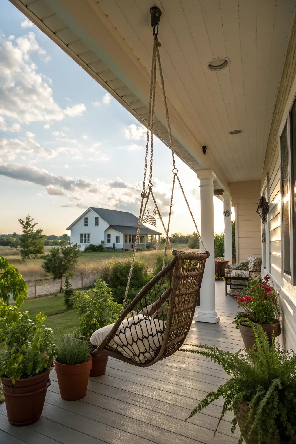 A whimsical swing that invites relaxation on the side porch.