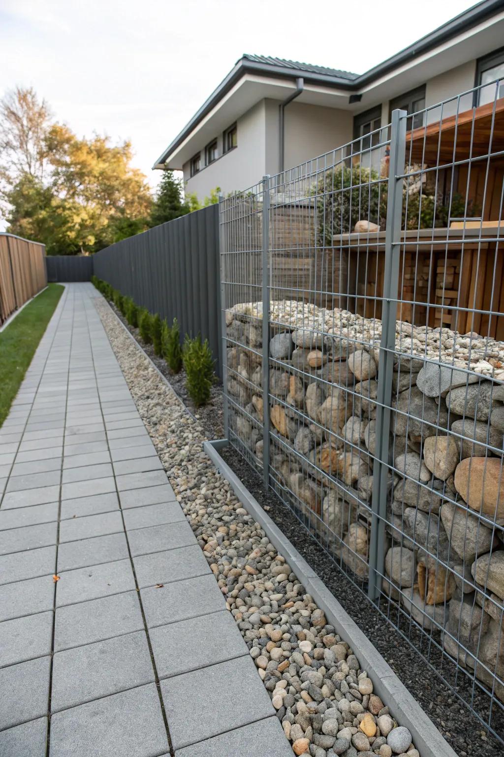 Sturdy side yard featuring wired rock cages.