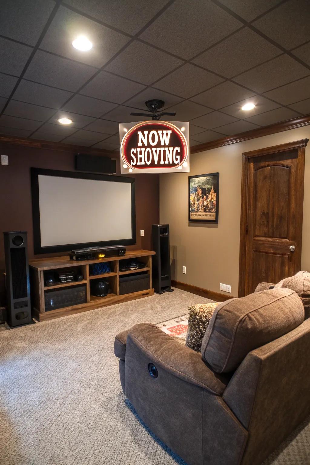 A home cinema space with a timeworn 'Currently Displaying' cinema theater plaque.