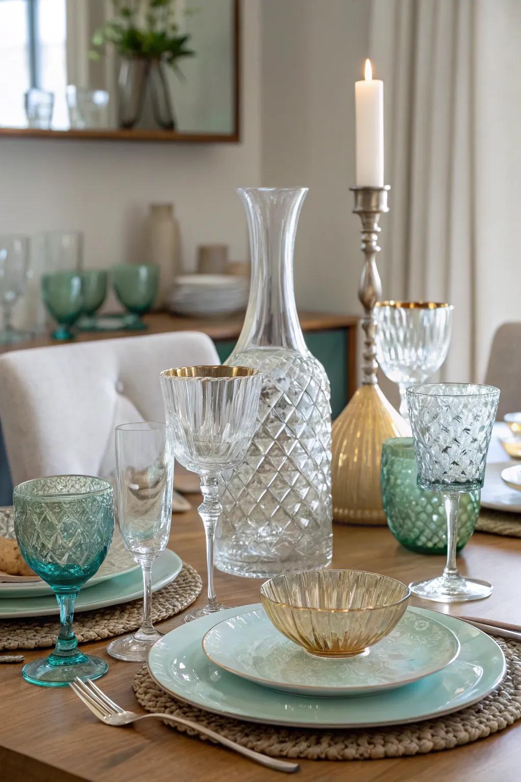 Distinctive glassware constitutes an elegant centerpiece.