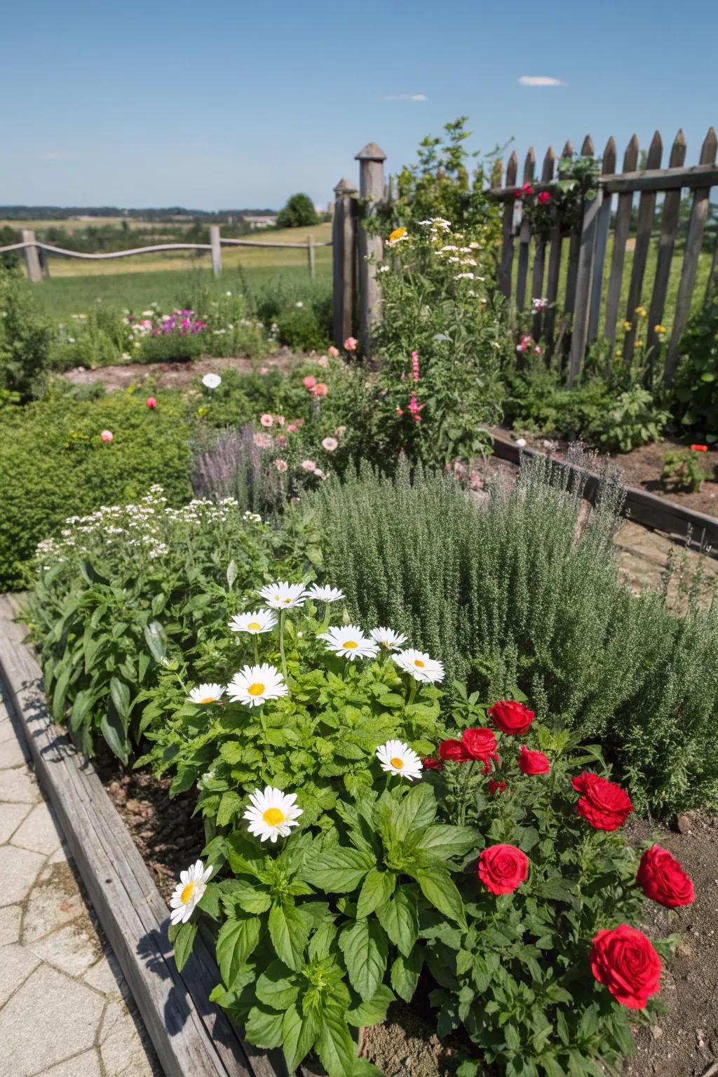 Combining herbs and flowers creates a practical and aromatic garden space.