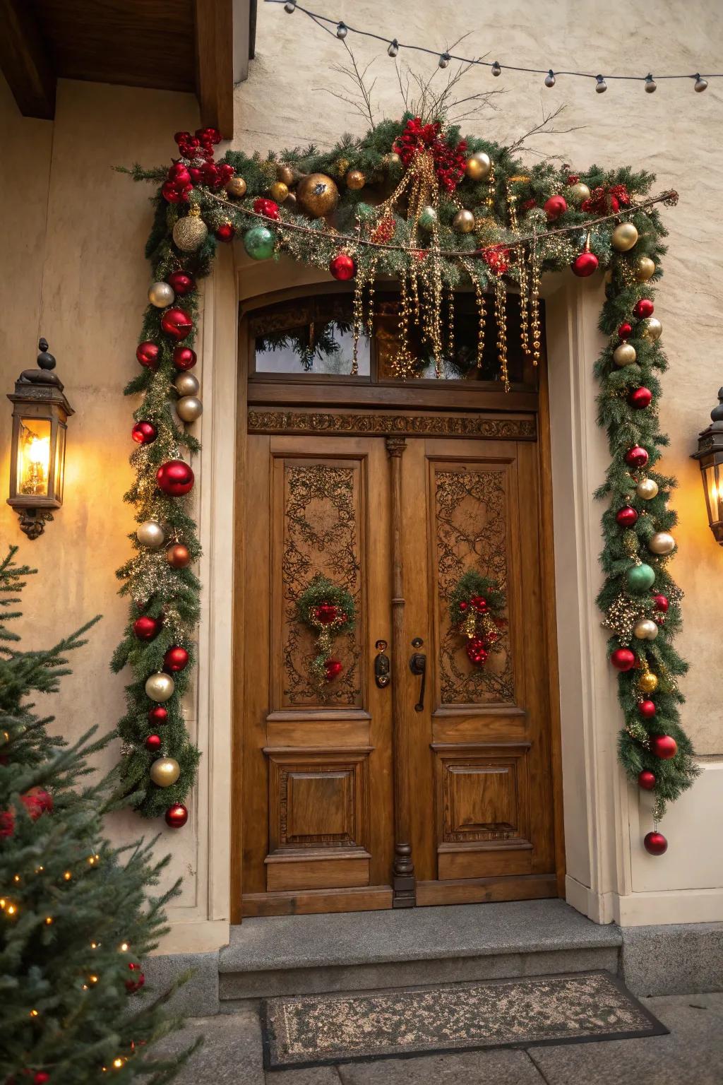 A bauble garland brings sparkle and nostalgia to the entrance.