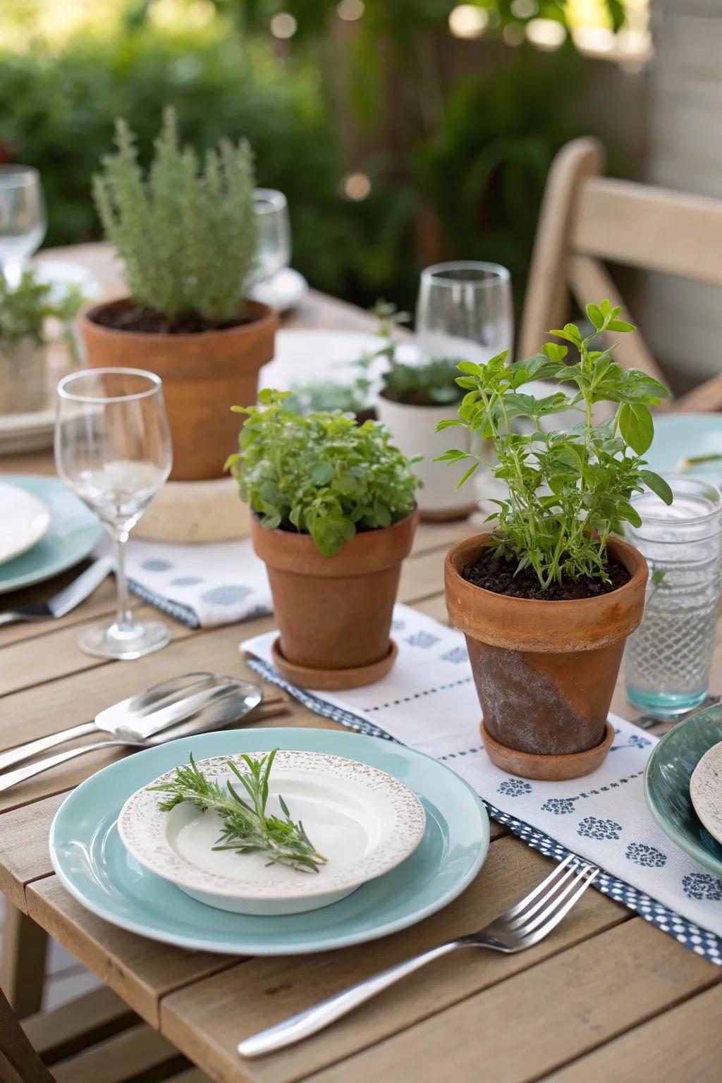 Small potted plants add an unexpected twist to the table decor.