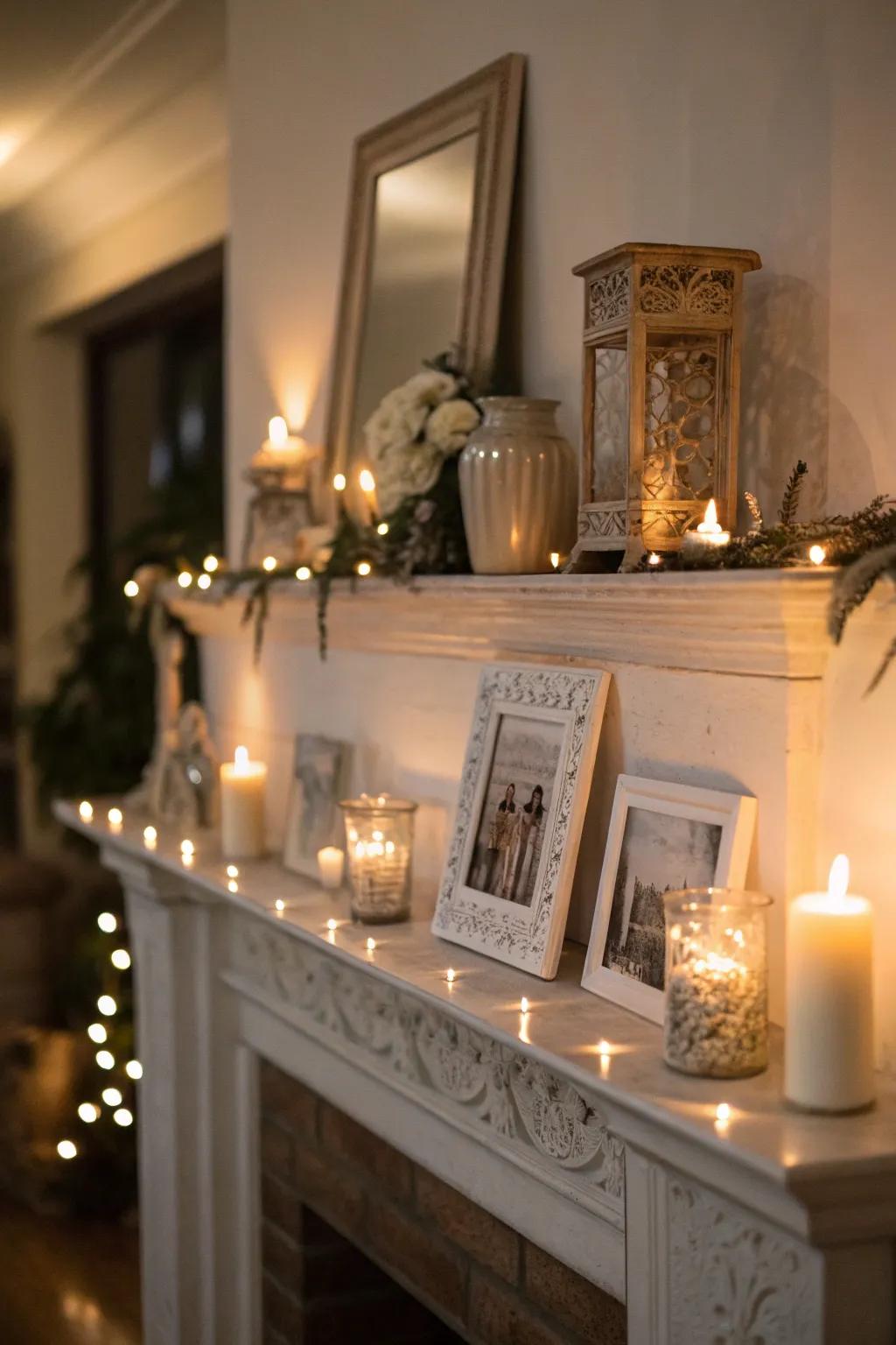 Lighting brings a magical glow to this everyday mantel.