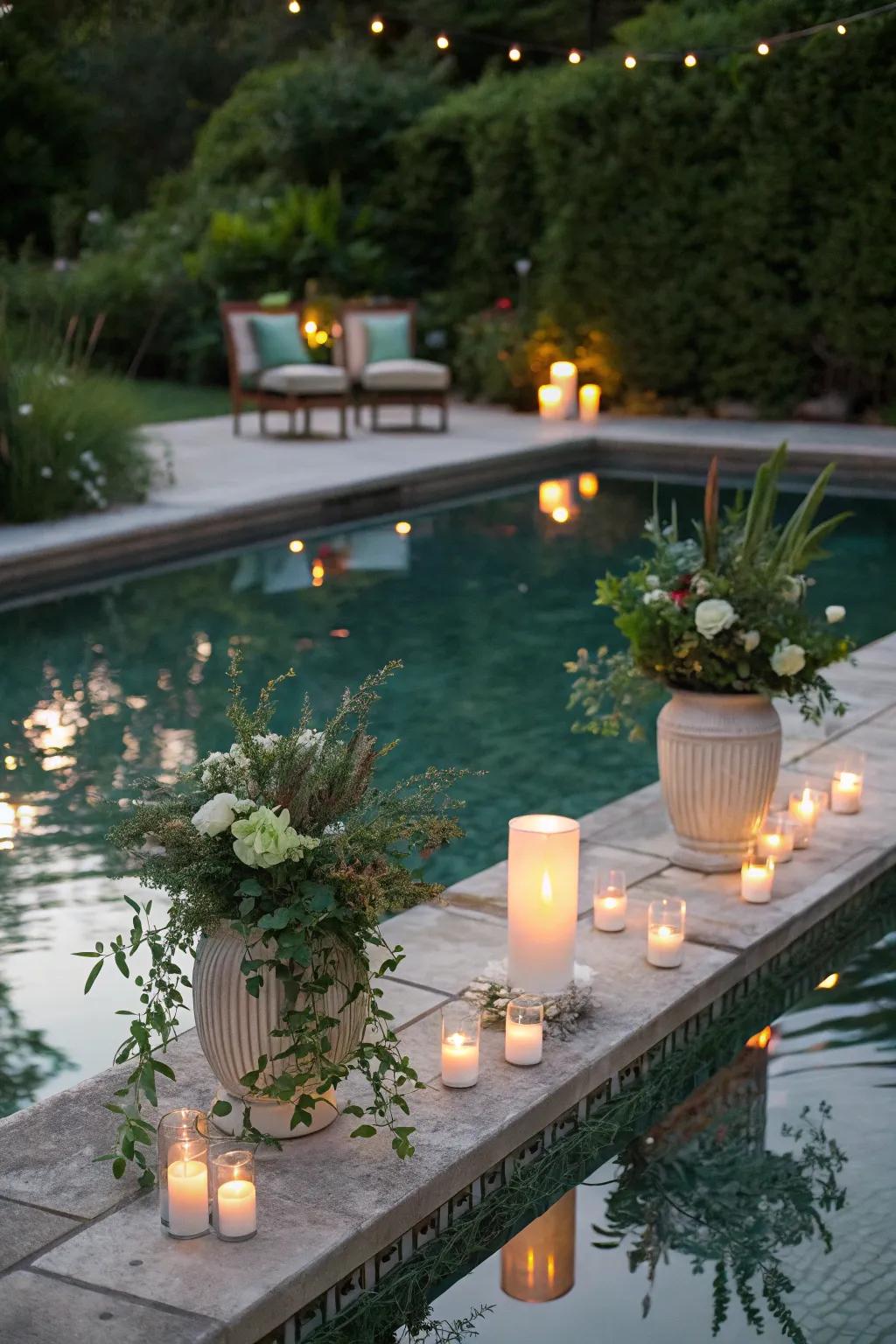 Whimsical floating decor adding elegance to the pool atmosphere.