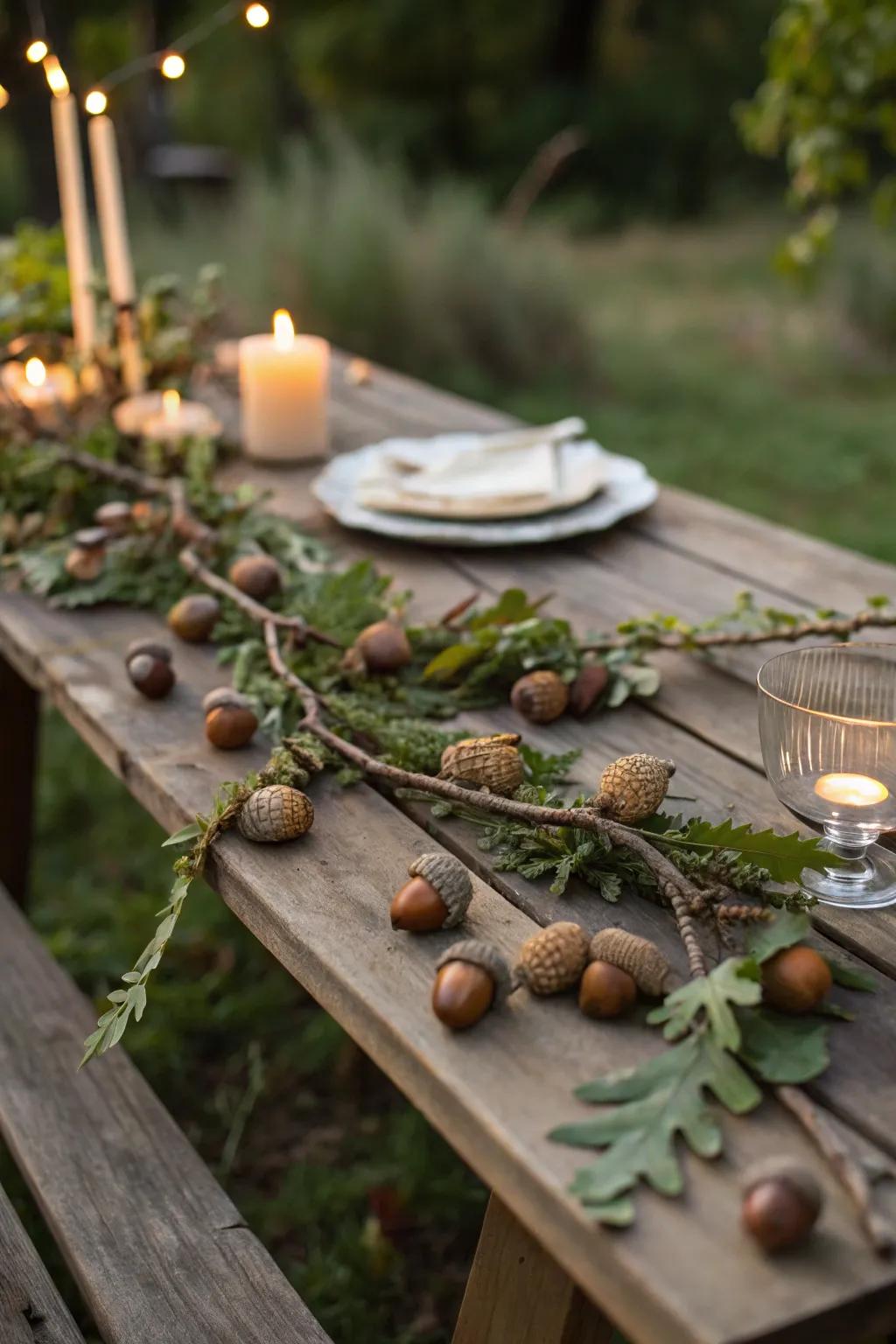 Gathered elements adding natural charm to a rustic table.