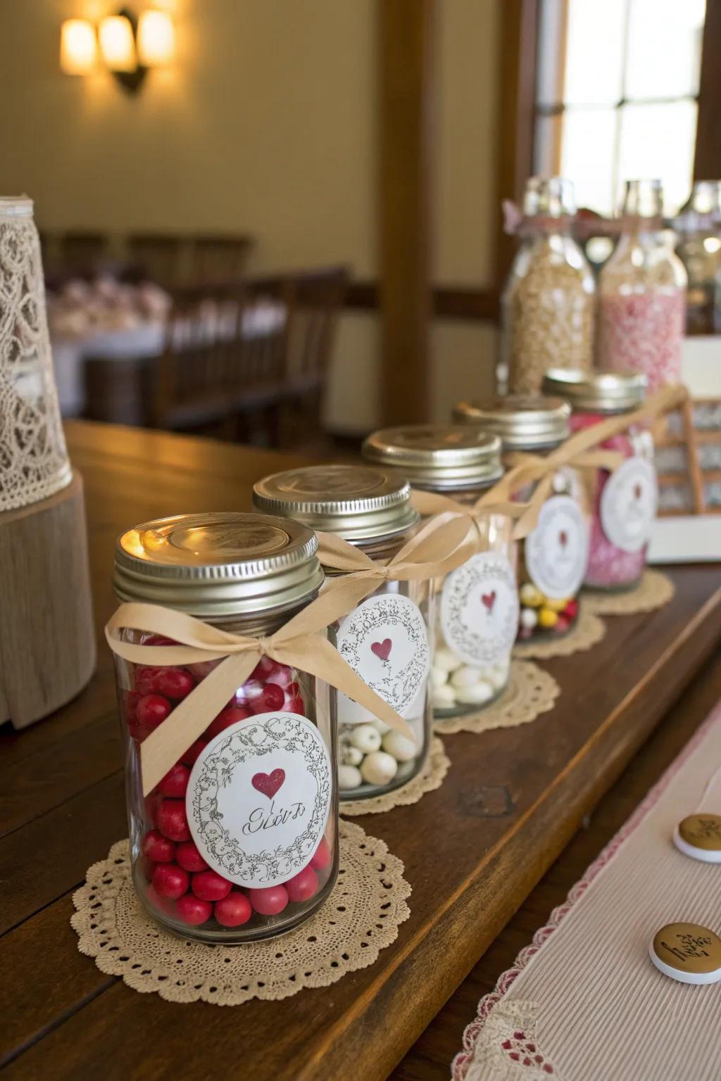 Keepsake jars filled with treats offer a personal touch for guests.