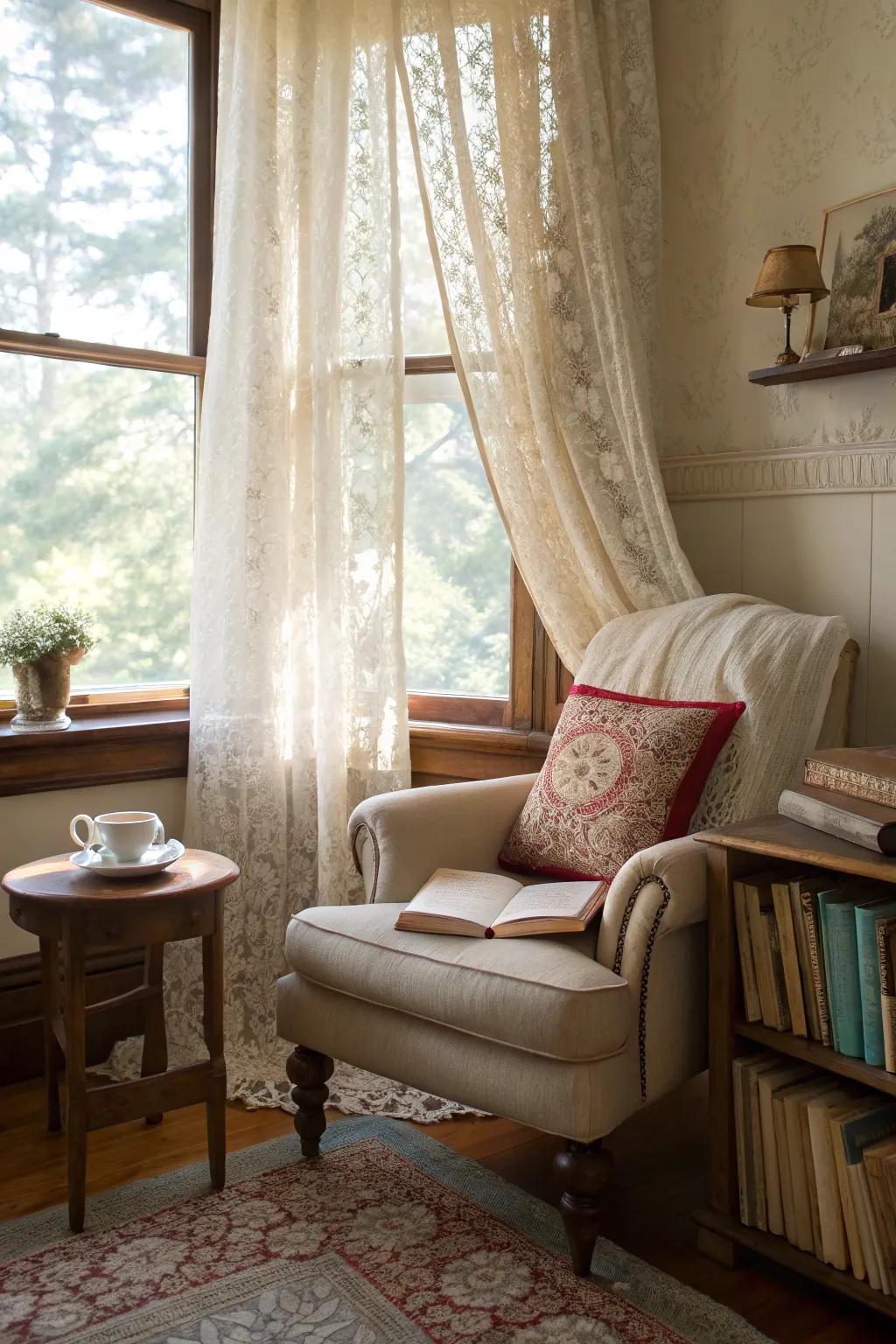 Vintage lace curtains add a touch of charm to this cozy reading nook.