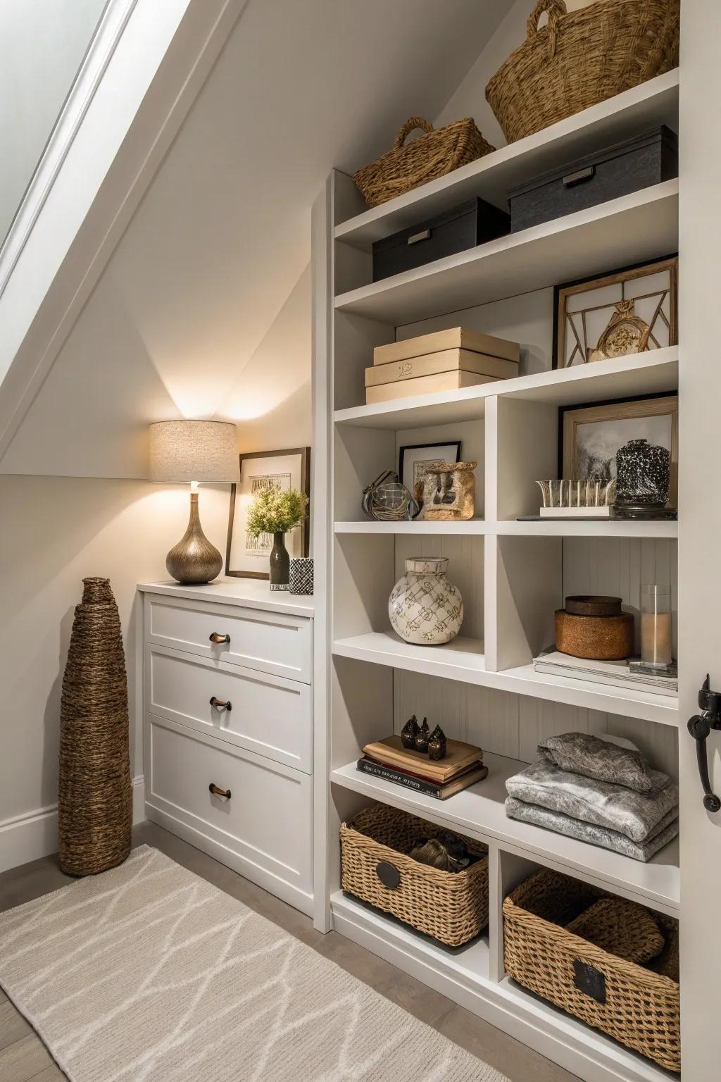 Floating shelves free up floor space.