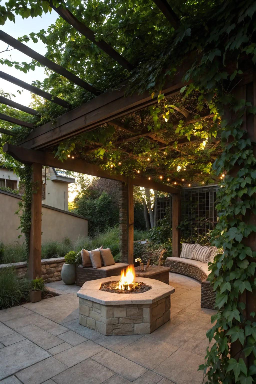 A pergola provides shade and structure, enhancing the flame pit area with charm.