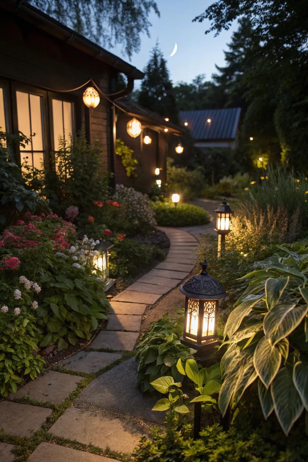 Garden lighting transforms the space into a cozy evening escape.