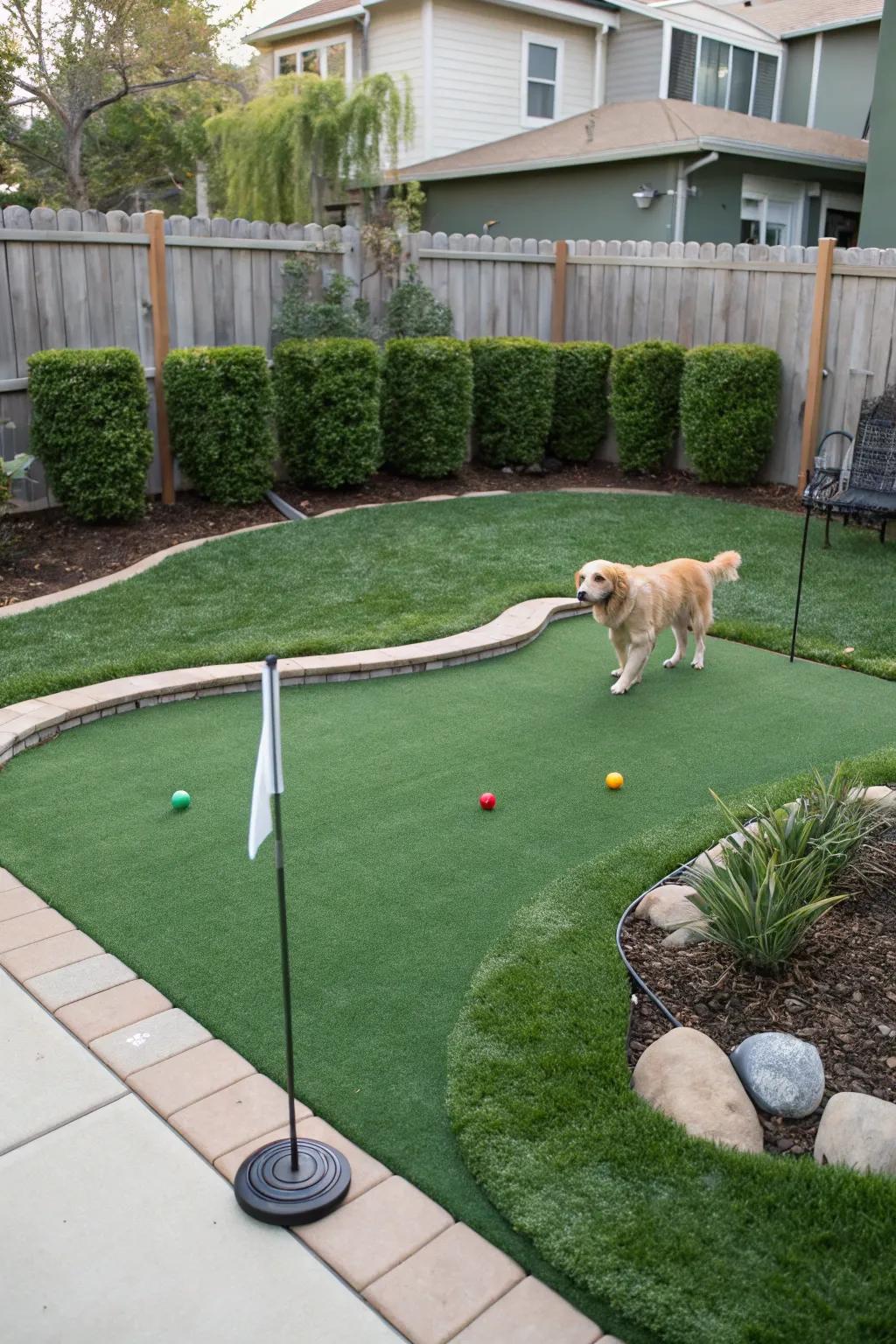 A pet-friendly putting green crafted to withstand playful pets.