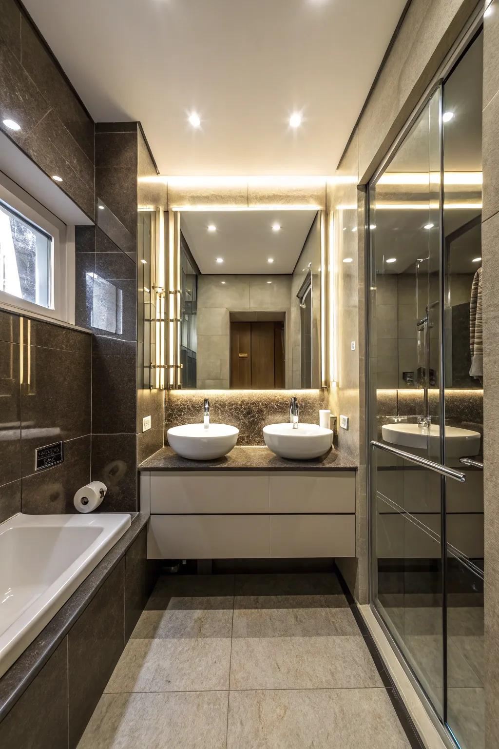 A small bathroom using reflective surfaces to enhance space.