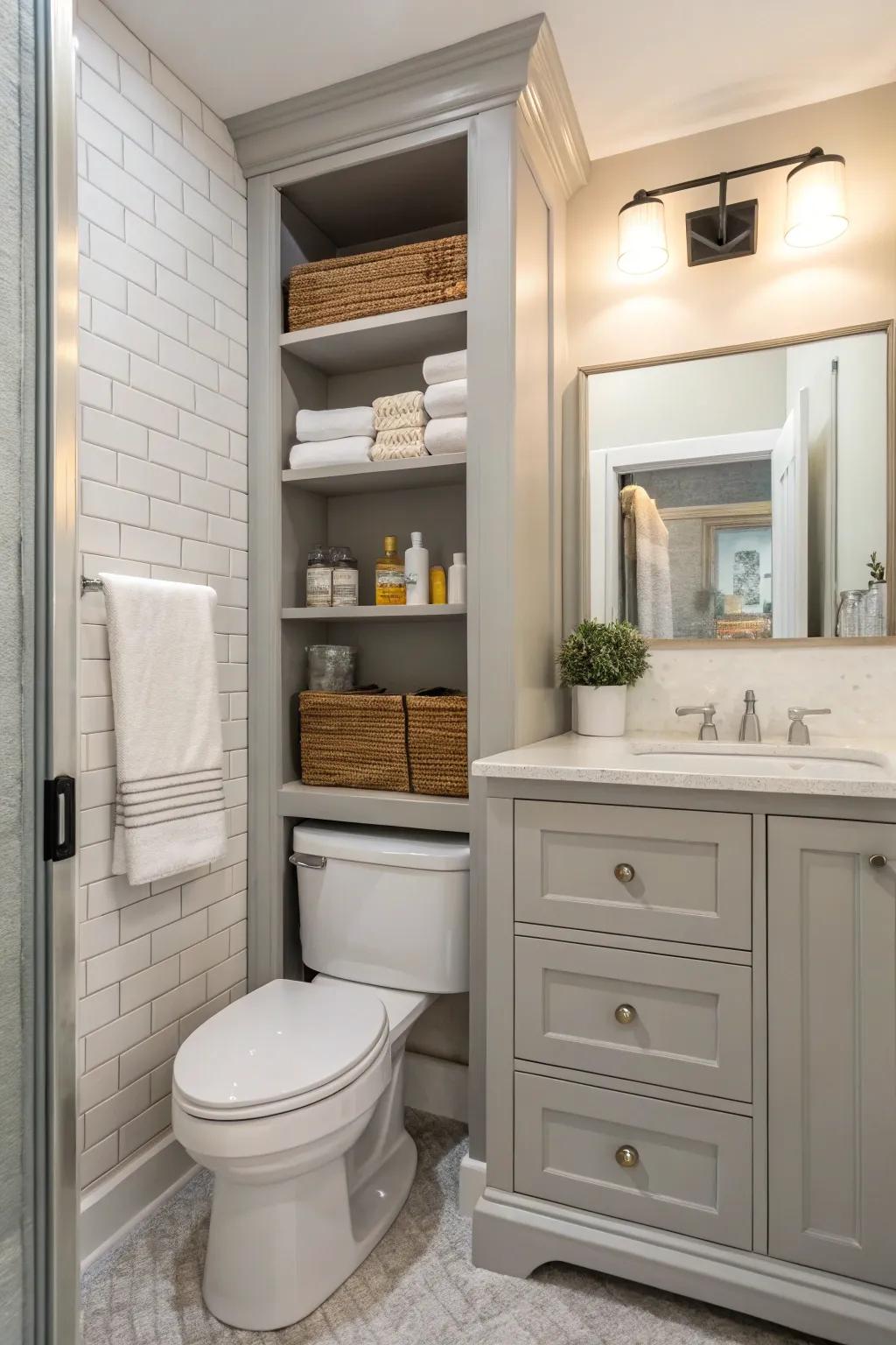 Shelves offer practical storage while keeping a clean look.