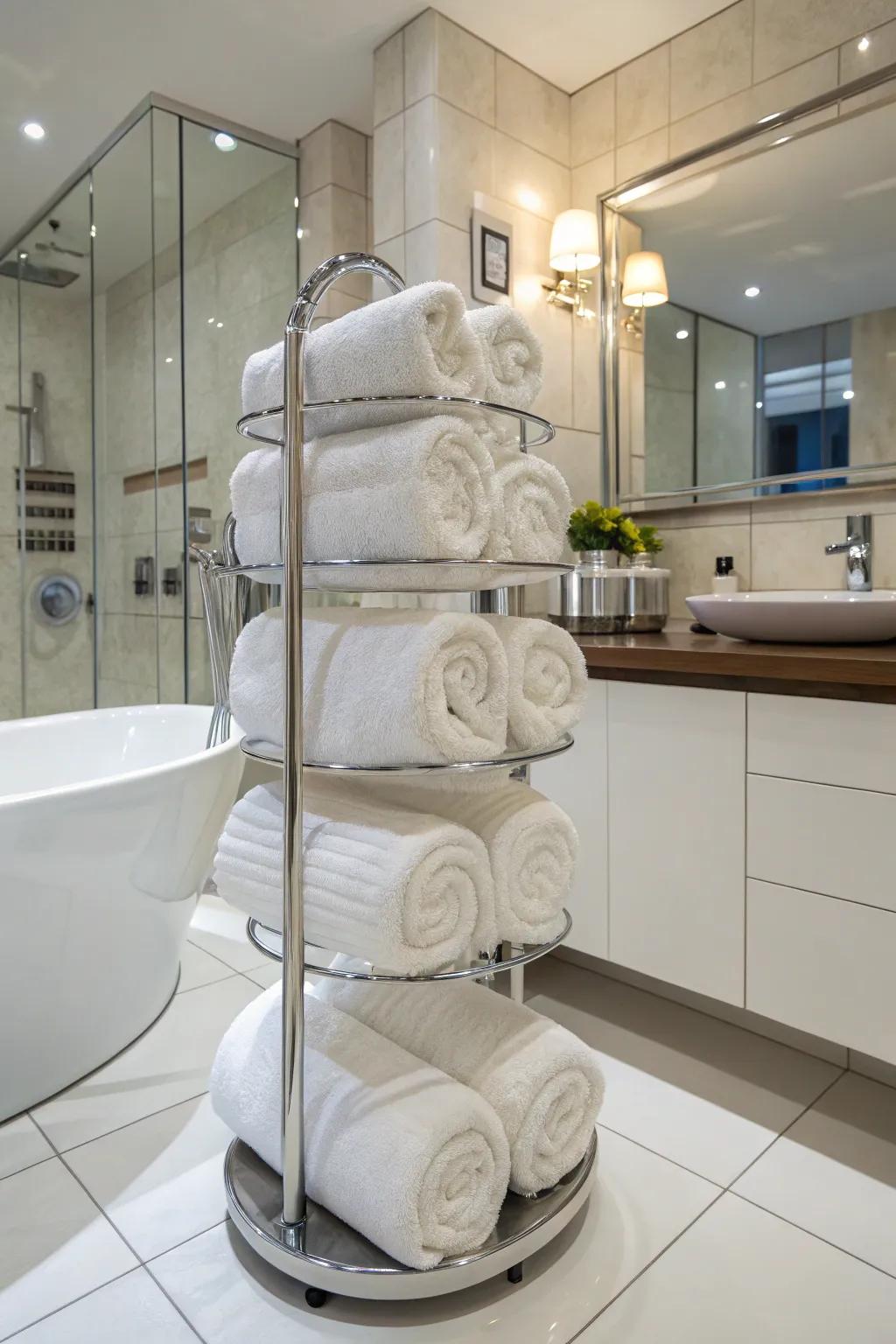 Efficient and accessible storage with a rotating towel tower.