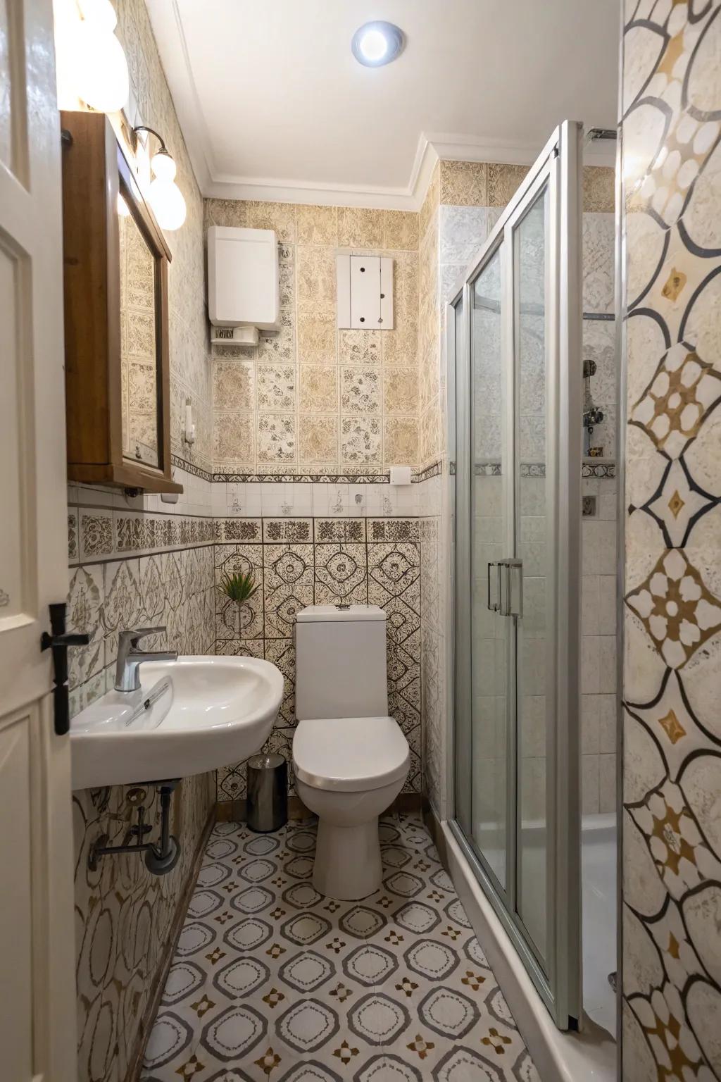Panel boards offering a tile effect with easy upkeep in a small bathroom.