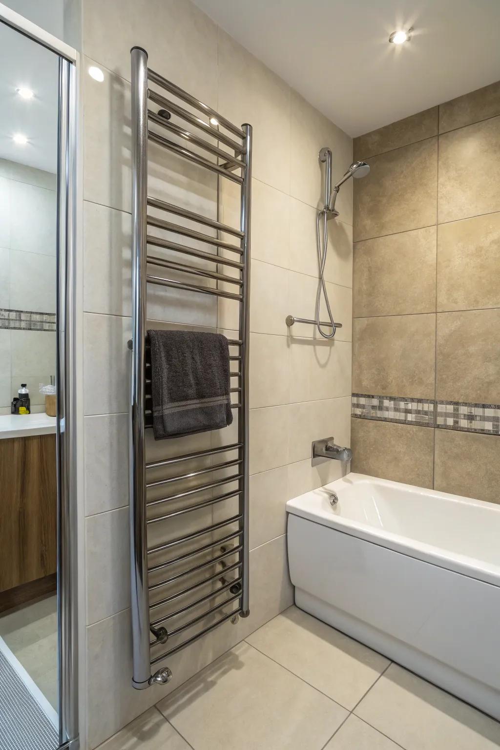 Heated towel racks add comfort and style without taking up much space.