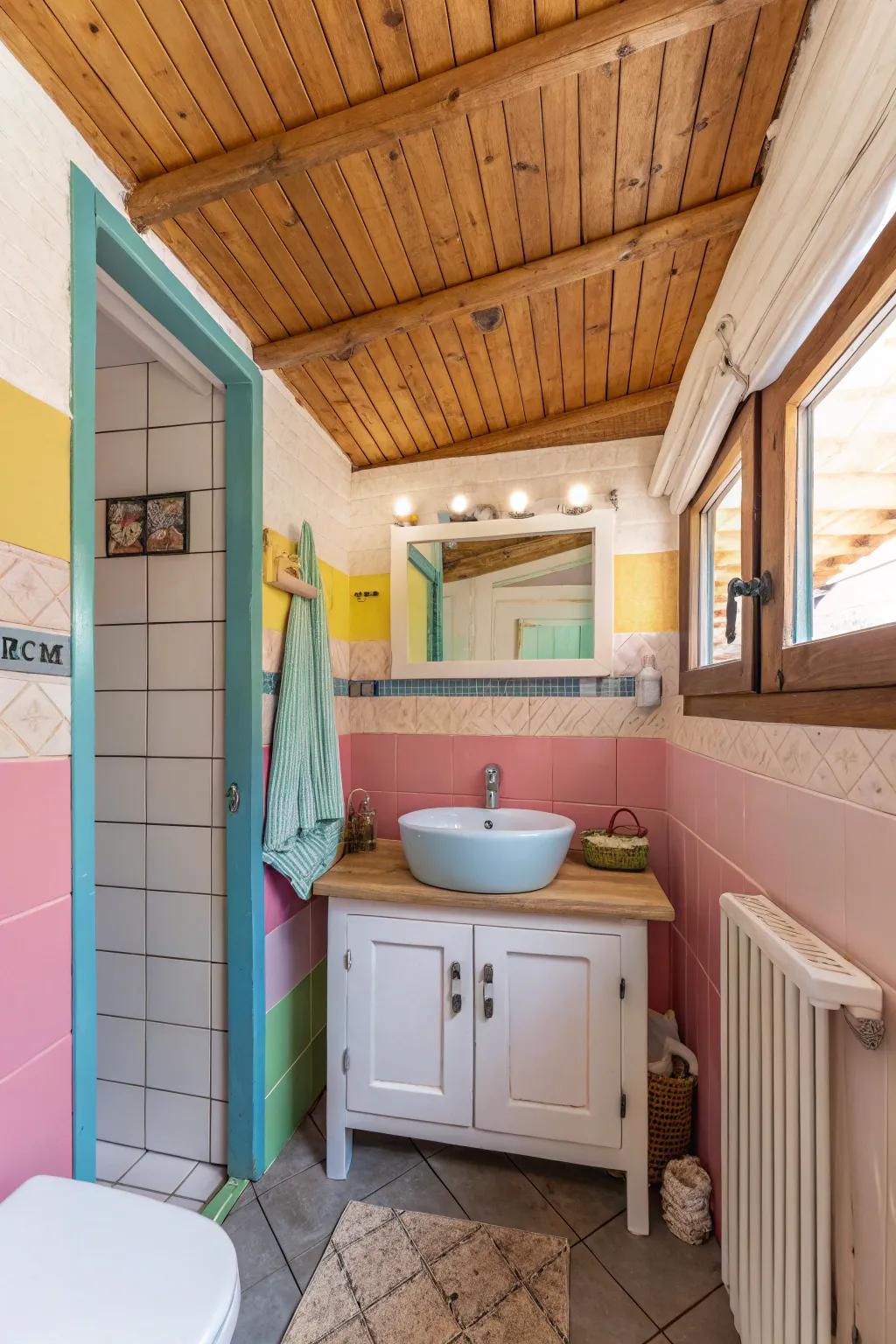 The wood ceiling has painted touches for a fun look.