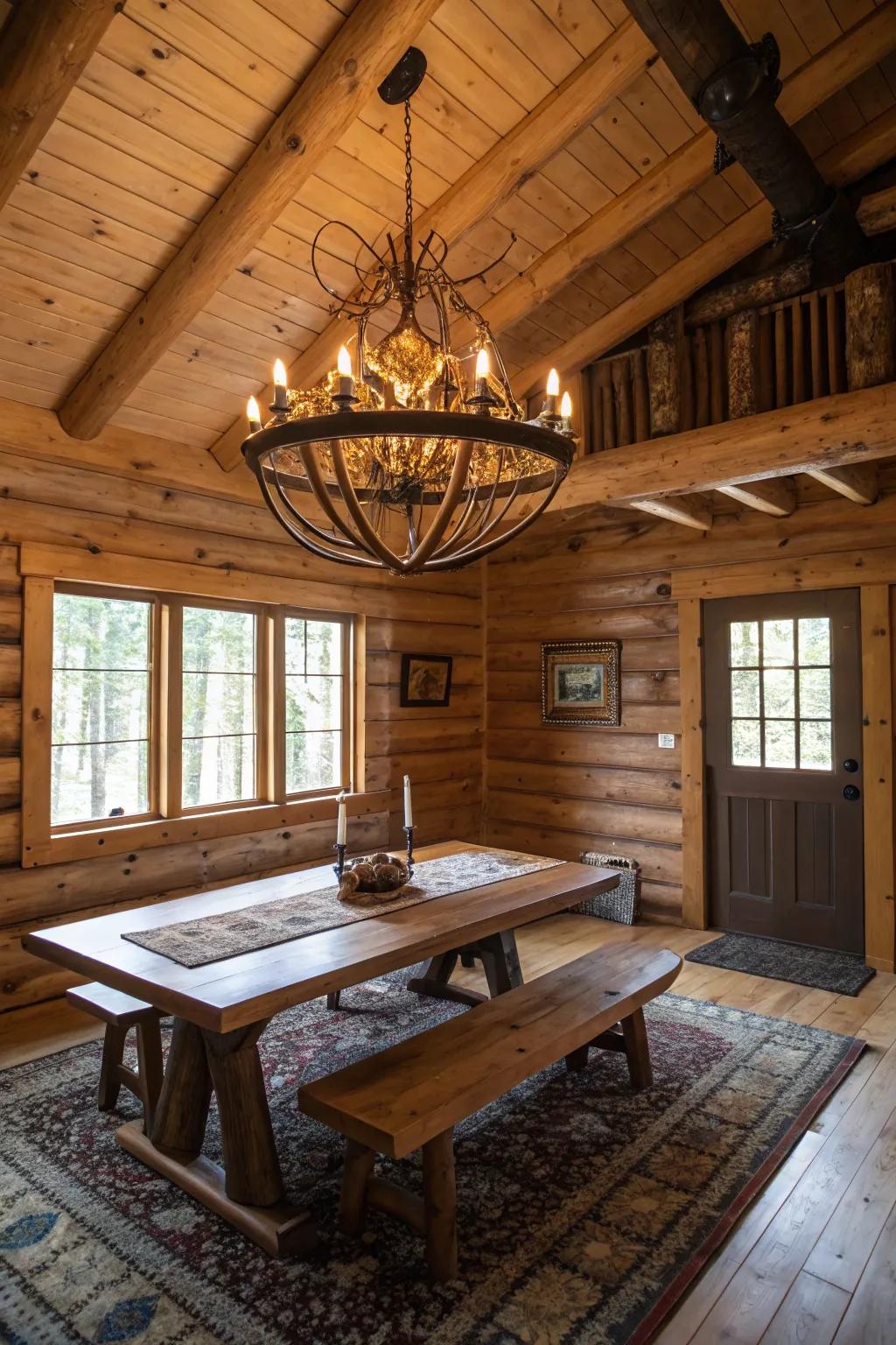 A rustic chandelier in a cabin interior, adding a touch of natural charm.