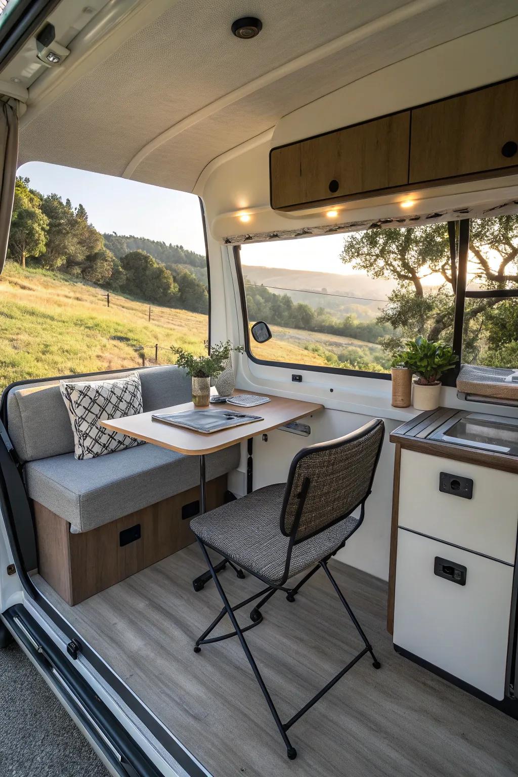 A drop-down desk offers a useful workspace solution inside a camper.