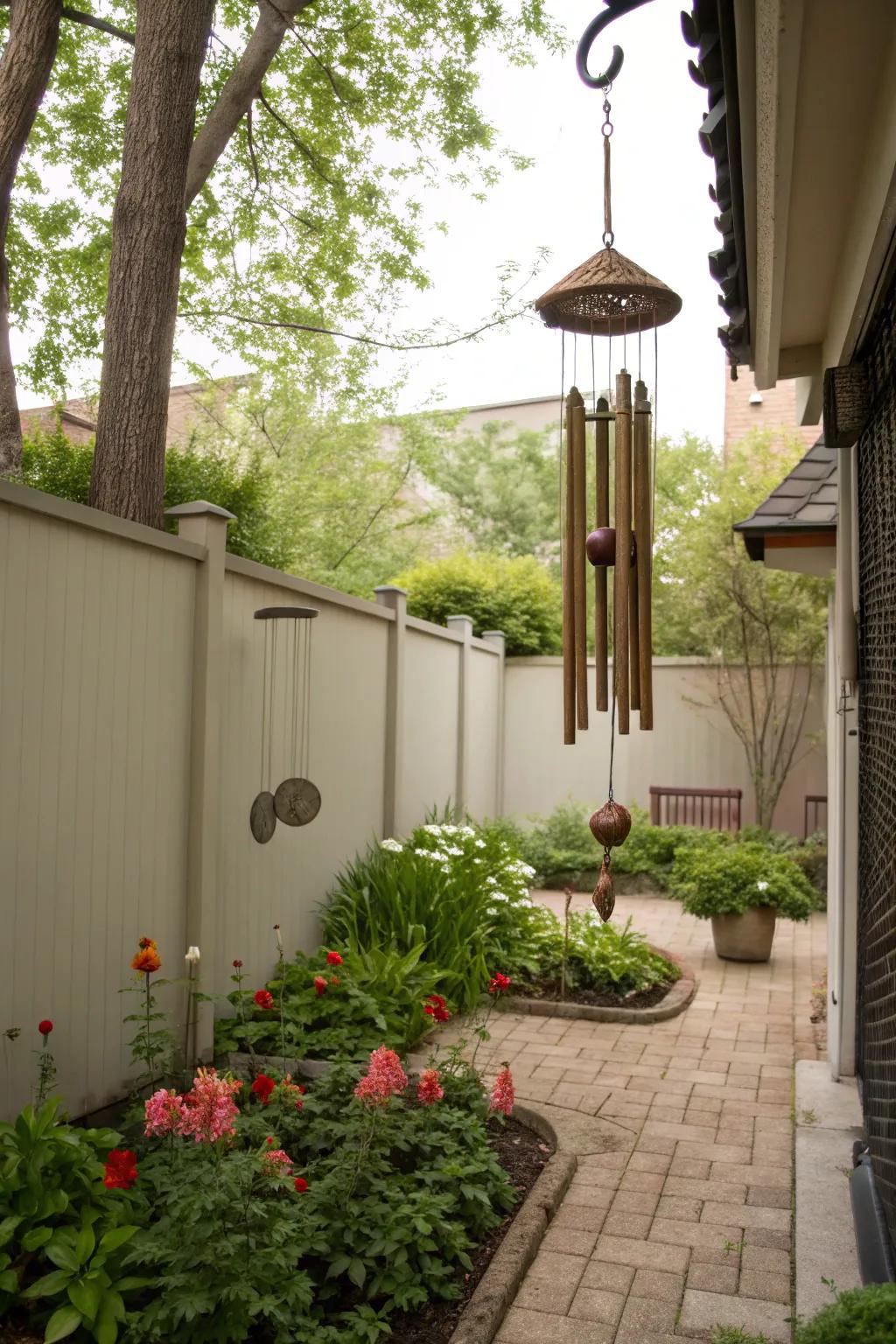 Wind chimes add a soothing soundscape to outdoor areas.