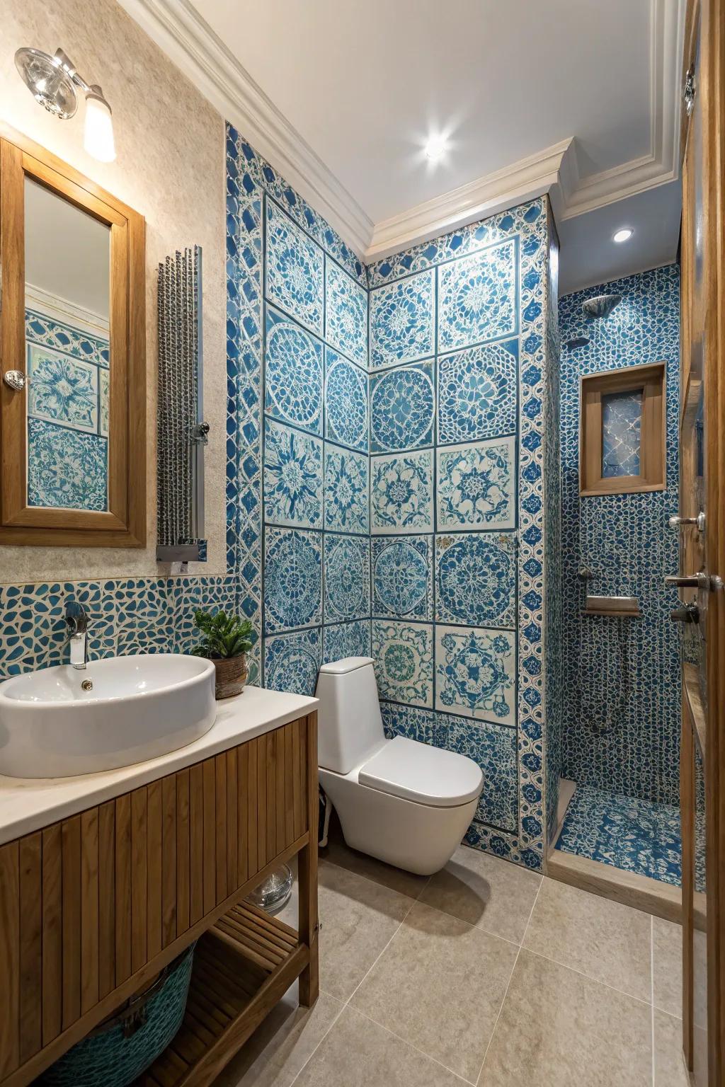 Blue inlay tiles bring artistic flair and texture to the bathroom.