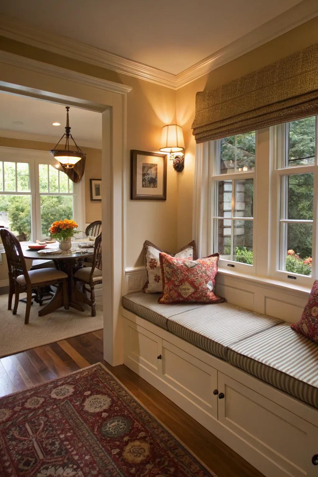A window bench adds charm and functionality to the dining room.