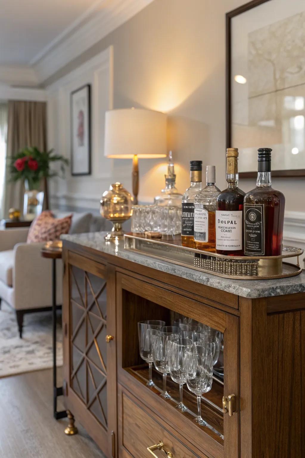 A buffet table repurposed into a stylish drink station.