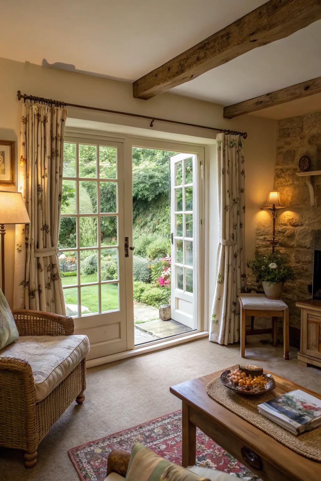 French doors enhance the breezy feel of this cottage living space.