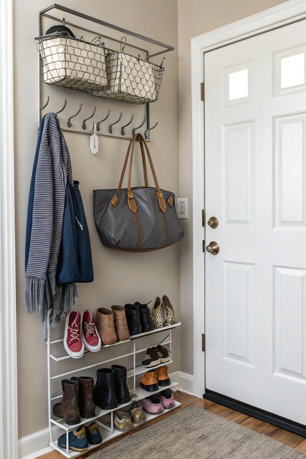 Over-the-door stowage maximizes entryway efficiency.