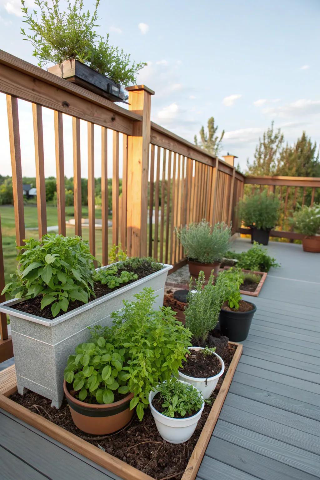 A mini herb garden lends beauty and utility to the deck.