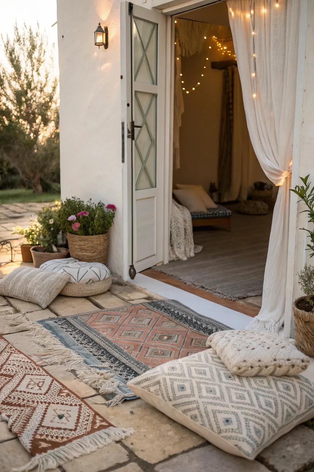Fabric accents add warmth and comfort to the entryway.