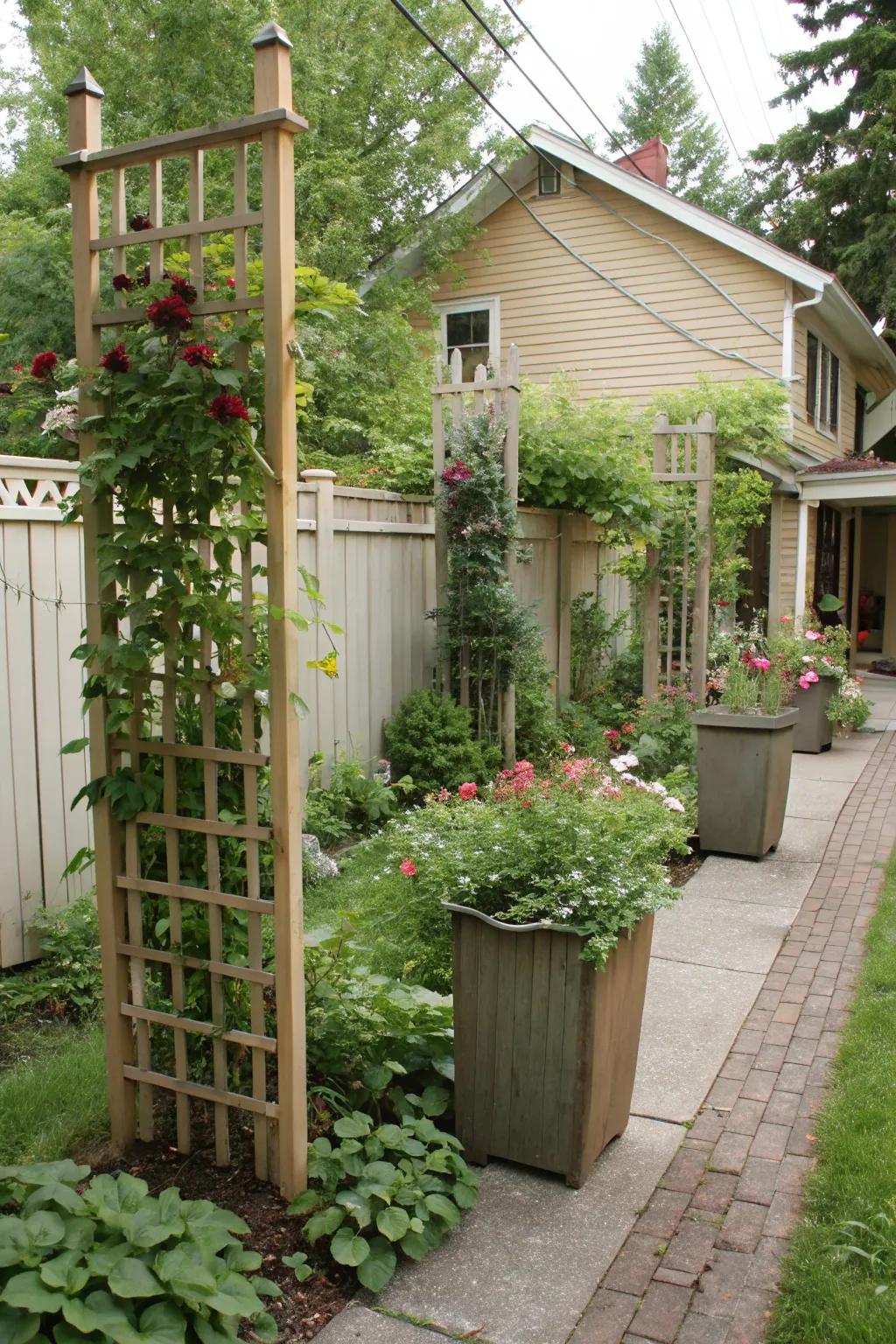 Upright details add height and interest to small areas.