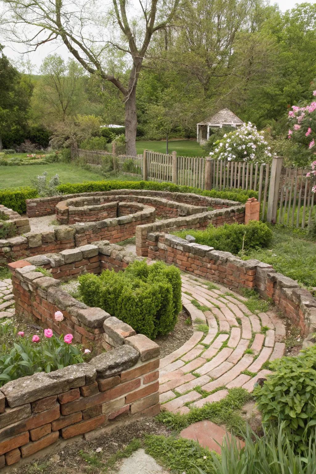 A rustic maze crafted from reused materials.