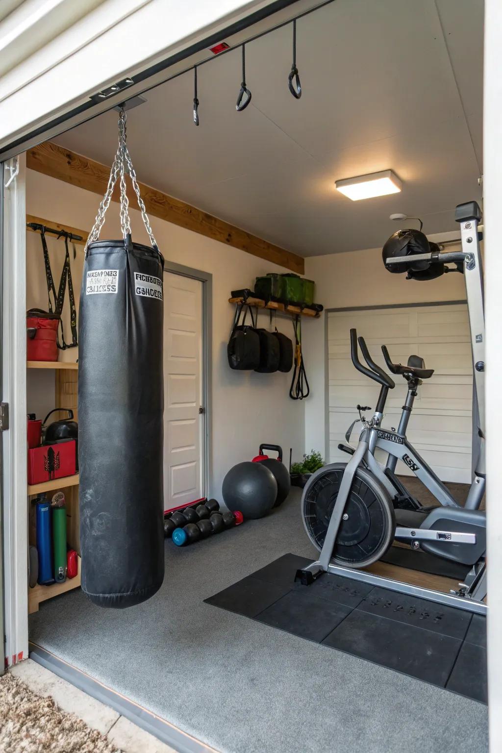 Ceiling hooks make effective use of the gym's vertical space.