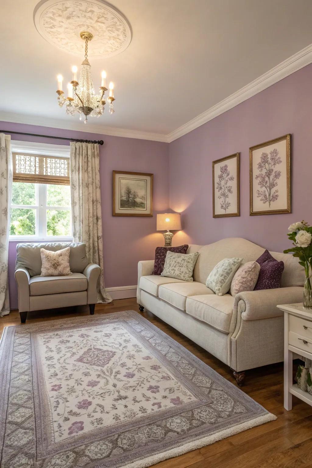 A compact living space featuring lavender walls that add a dash of charm.