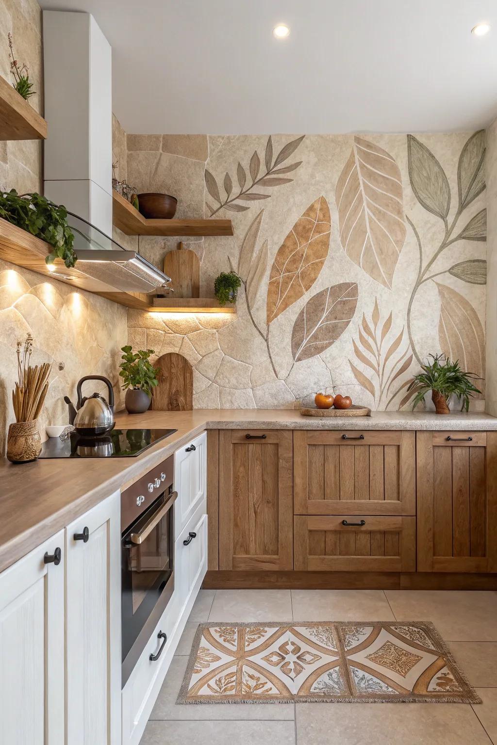 The nature-inspired backsplash creates a serene setting.