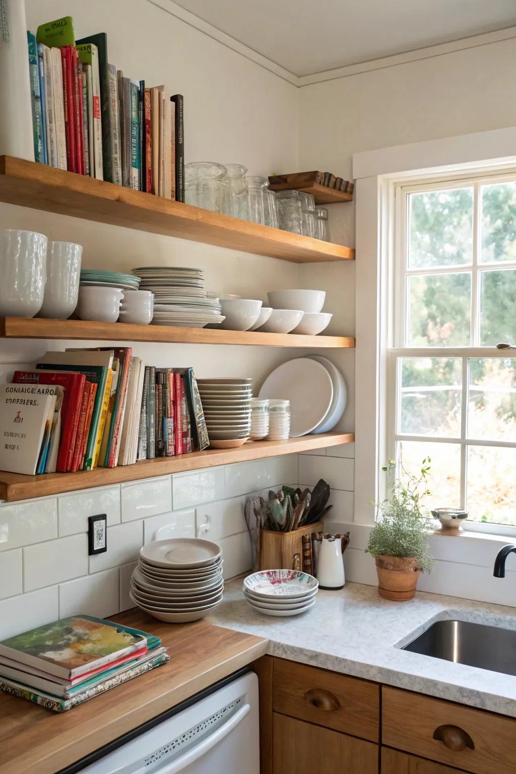 Floating shelves add storage and design to compact kitchens.