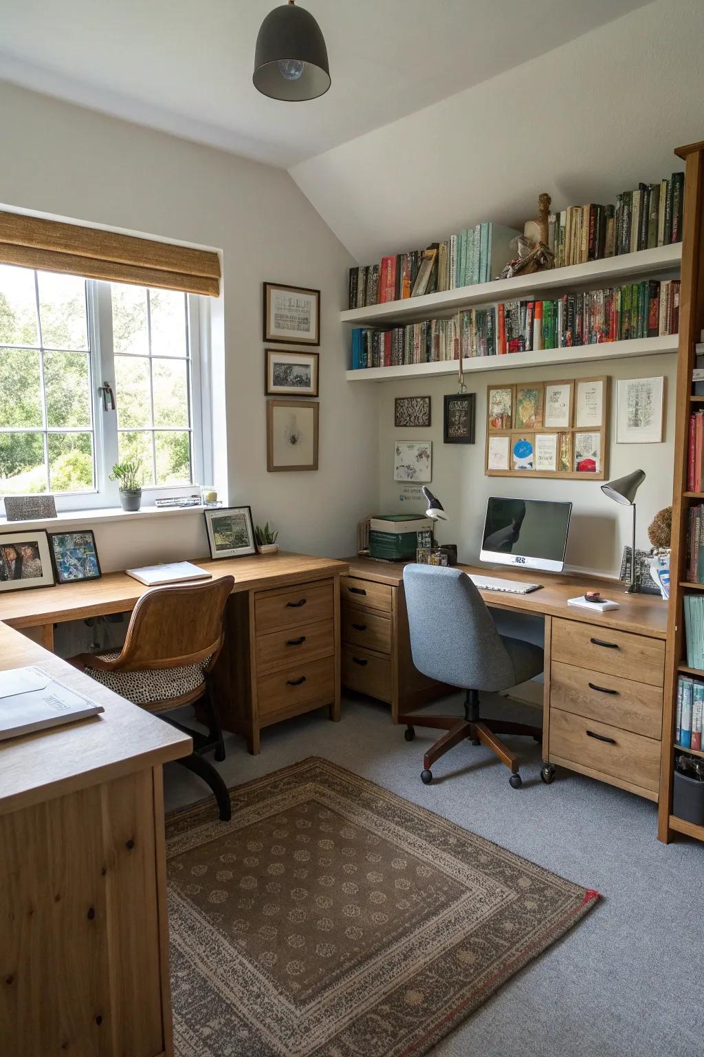 Playing with scale adds dynamic balance to a small office.