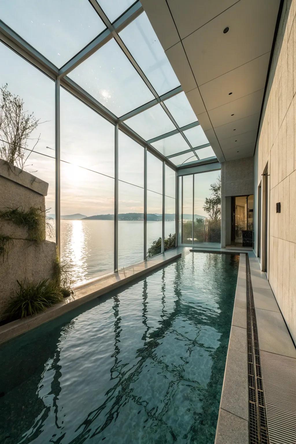 Glass walls offering a distinctive poolside perspective.