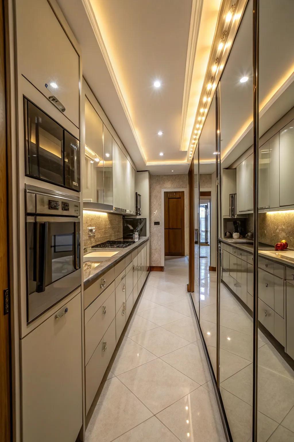The impression of a larger space is created by using mirrored surfaces.
