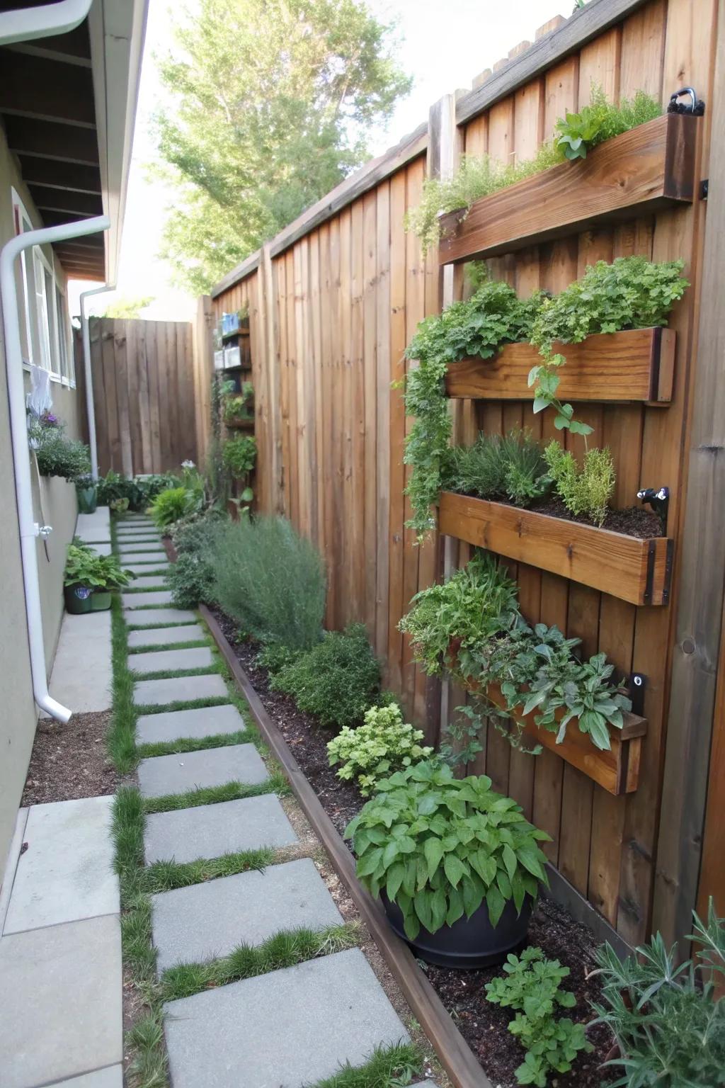 Vertical herb gardens provide fresh flavors and scents in narrow side yards.