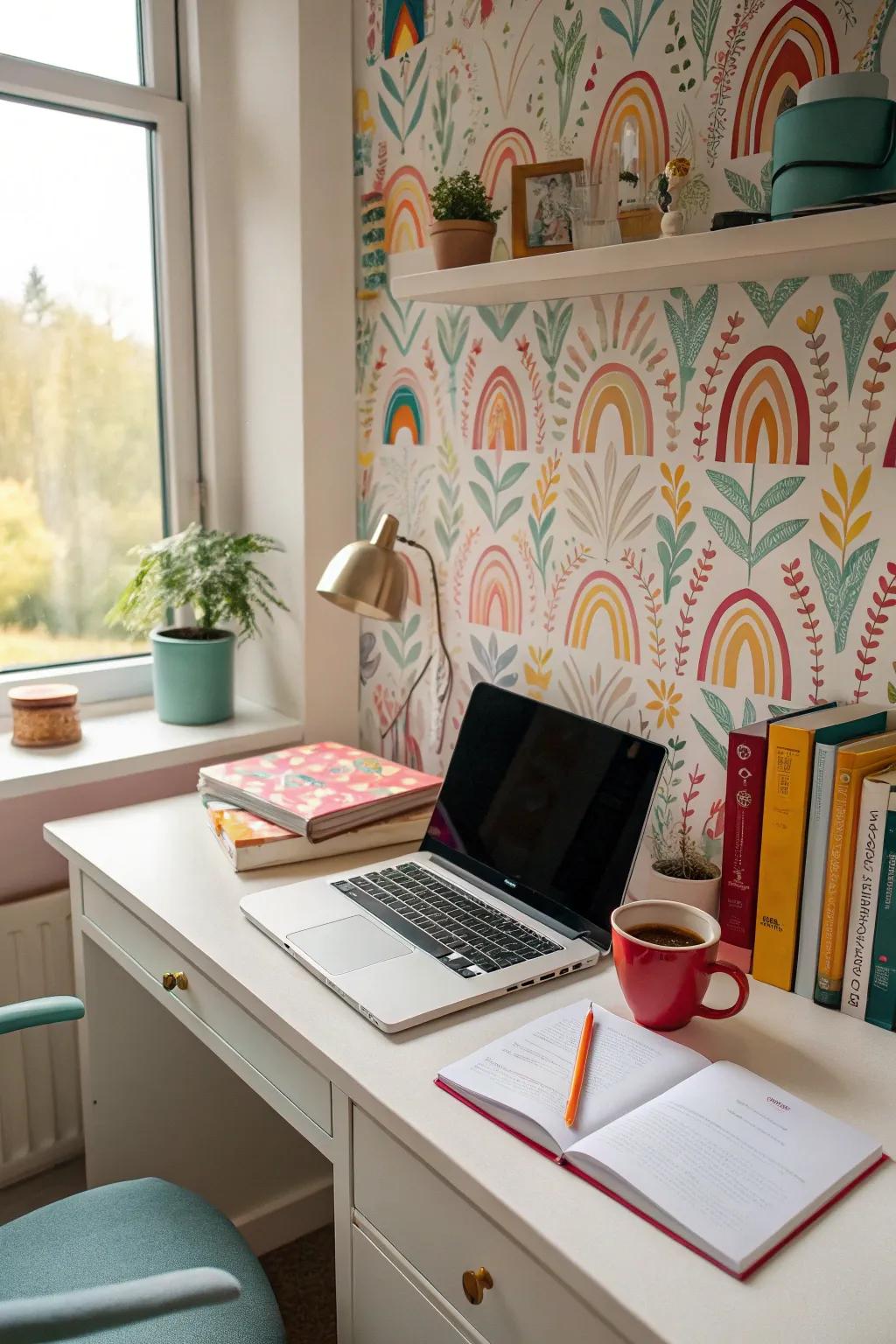 Vibrant wallpaper can add energy and personality to your office.